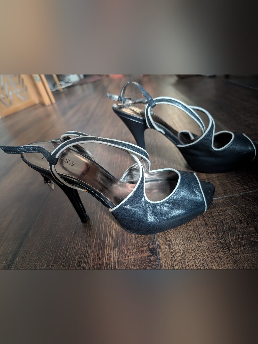 Guess Black Peep-Toe Slingback Heels with Silver Trim